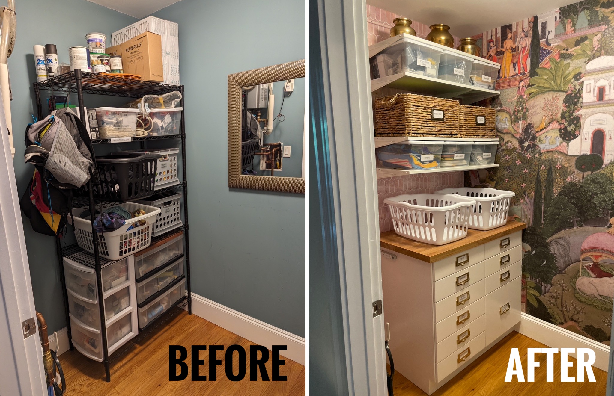 before and after of laundry room shelves