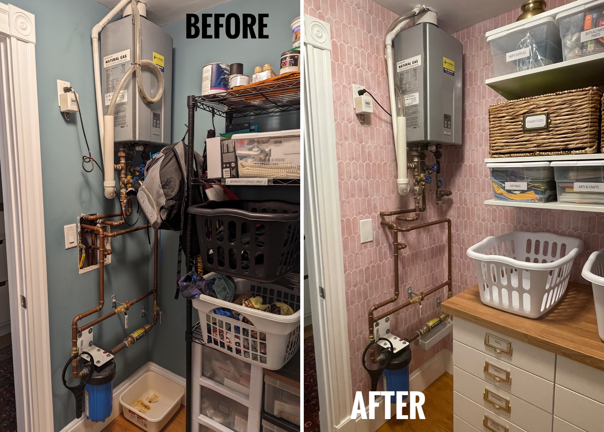 before and after of laundry room shelves